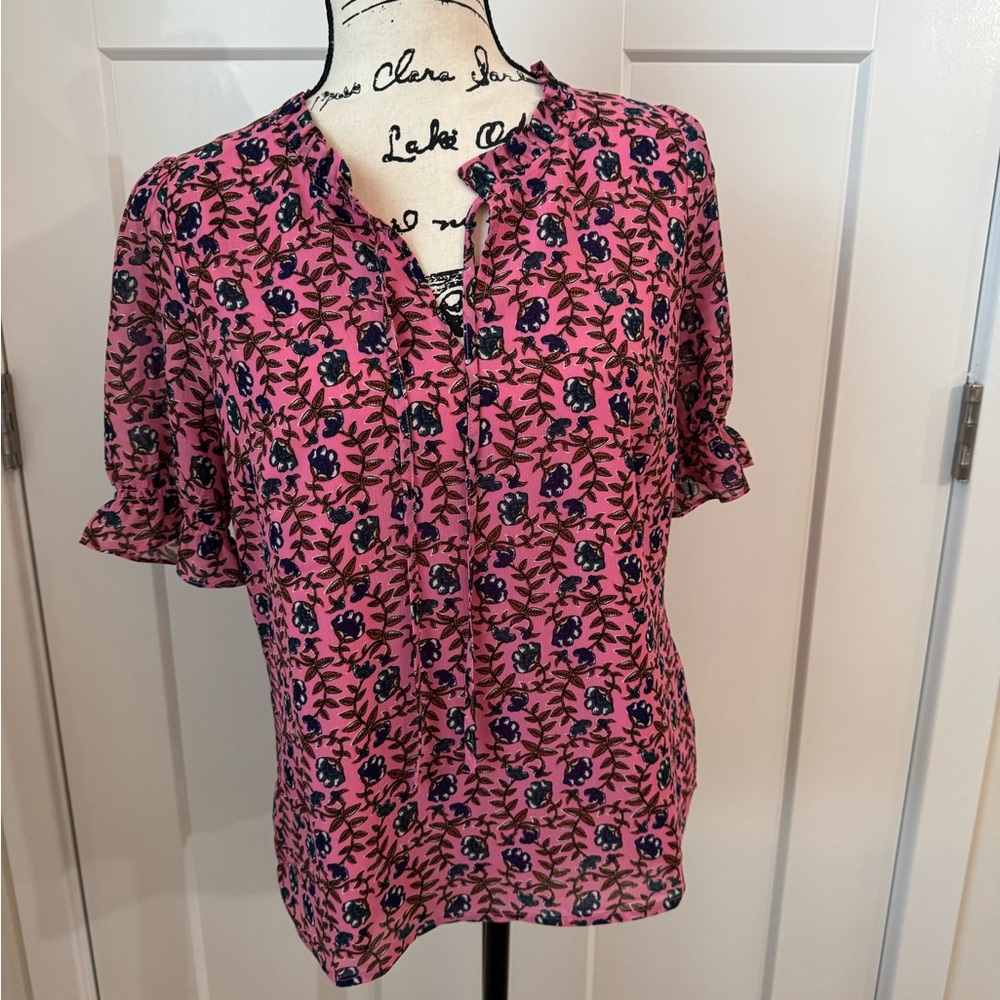J. Crew Pink Floral Ruffle Tie Neck Peasant Blouse Sz Small key hole neck lined